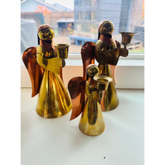 Vintage Set of 3 Brass Copper Angel Candle Holders Holiday Table Decor - Picture 14 of 14